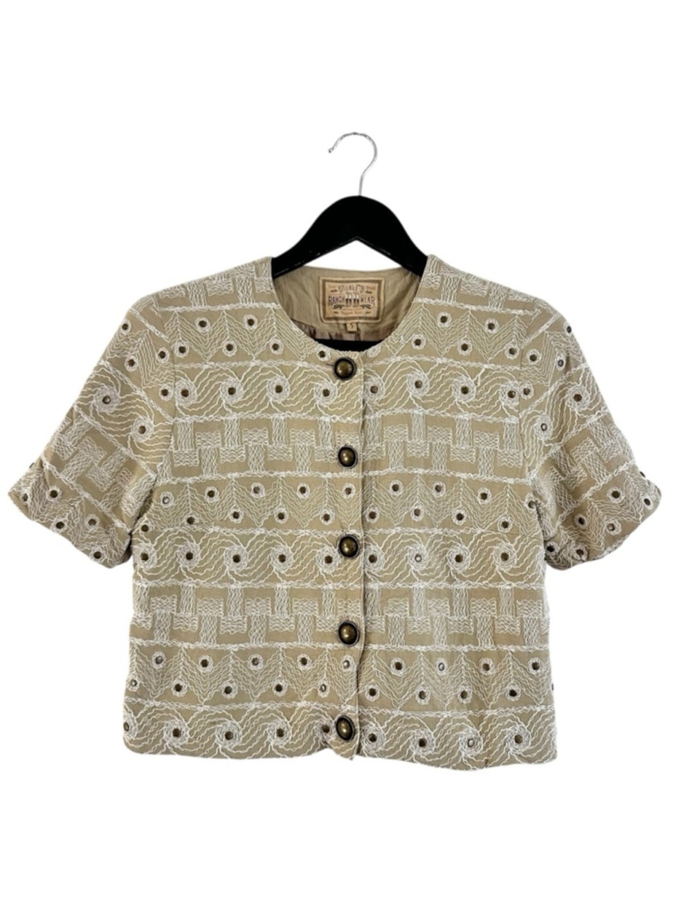 Double D Ranch Beige Textured Embroidered Buttoned Top Small - Picture 2 of 11